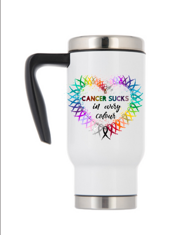 Travel Mug With Handle - Cancer Sucks in Every Color